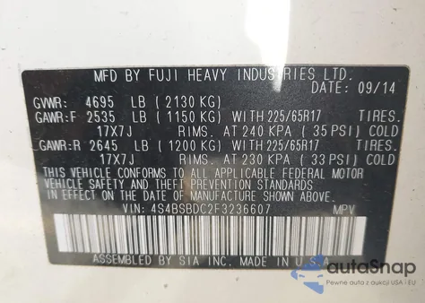 2015 Subaru Outback 2.5I Premium z USA, uszkodzony, nr VIN 4S4BSBDC2F3236607